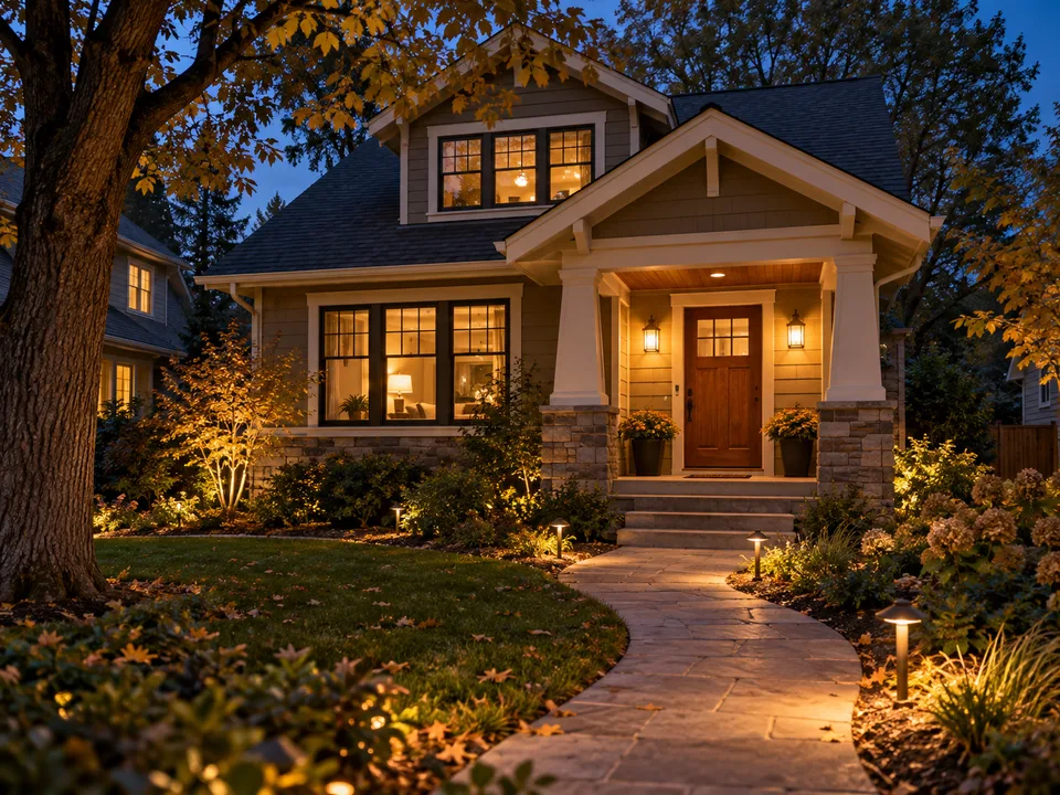 A welcoming home with warm porch and pathway lighting — illustrative image