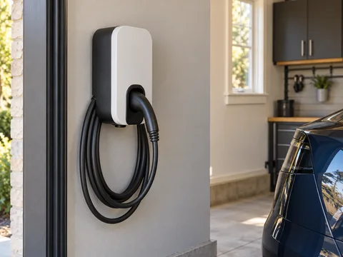 A wall-mounted home EV charger with a neatly coiled cable — illustrative service image