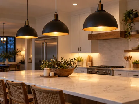Warm pendant lighting over a renovated kitchen island — illustrative service image