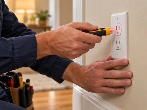 An electrician testing a residential outlet — illustrative service image